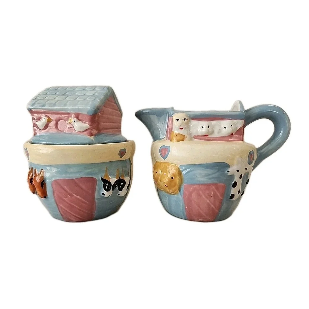 Vintage 3-Pc. Noah's Ark Napkin Holder, Creamer & Sugar Hand-Painted Ceramic Set